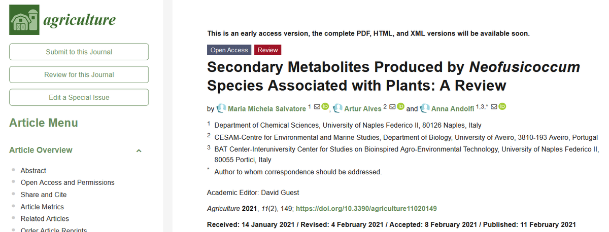 AgricultureMdpi's tweet image. 🥳#mdpiagriculture New Paper &quot;Secondary Metabolites Produced by Neofusicoccum Species Associated with Plants: A Review&quot; by Maria Michela Salvatore et al.

#phytopathogen
#metabolite

👉Welcome to read: mdpi.com/2077-0472/11/2…