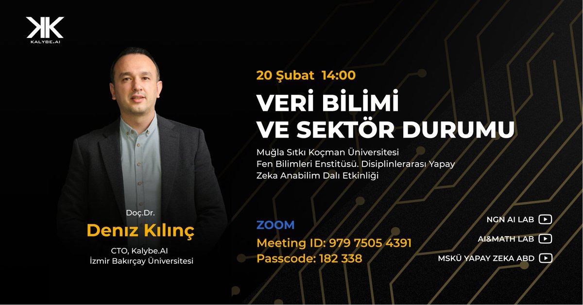 Kalybe.AI (@kalybeai) on Twitter photo Our CTO <a href="/denizkilinc/">Prof. Dr. Deniz Kılınç</a> is going to talk about "Data Science in Industry" as a guest of MSKÜ Artificial Intelligence Department.
Zoom link:
lnkd.in/gv88WJW
#mskuyz #aimathlab #datascience #kalybeai #ArtificialIntelligence Our CTO <a href="/denizkilinc/">Prof. Dr. Deniz Kılınç</a> is going to talk about "Data Science in Industry" as a guest of MSKÜ Artificial Intelligence Department.
Zoom link:
lnkd.in/gv88WJW
#mskuyz #aimathlab #datascience #kalybeai #ArtificialIntelligence