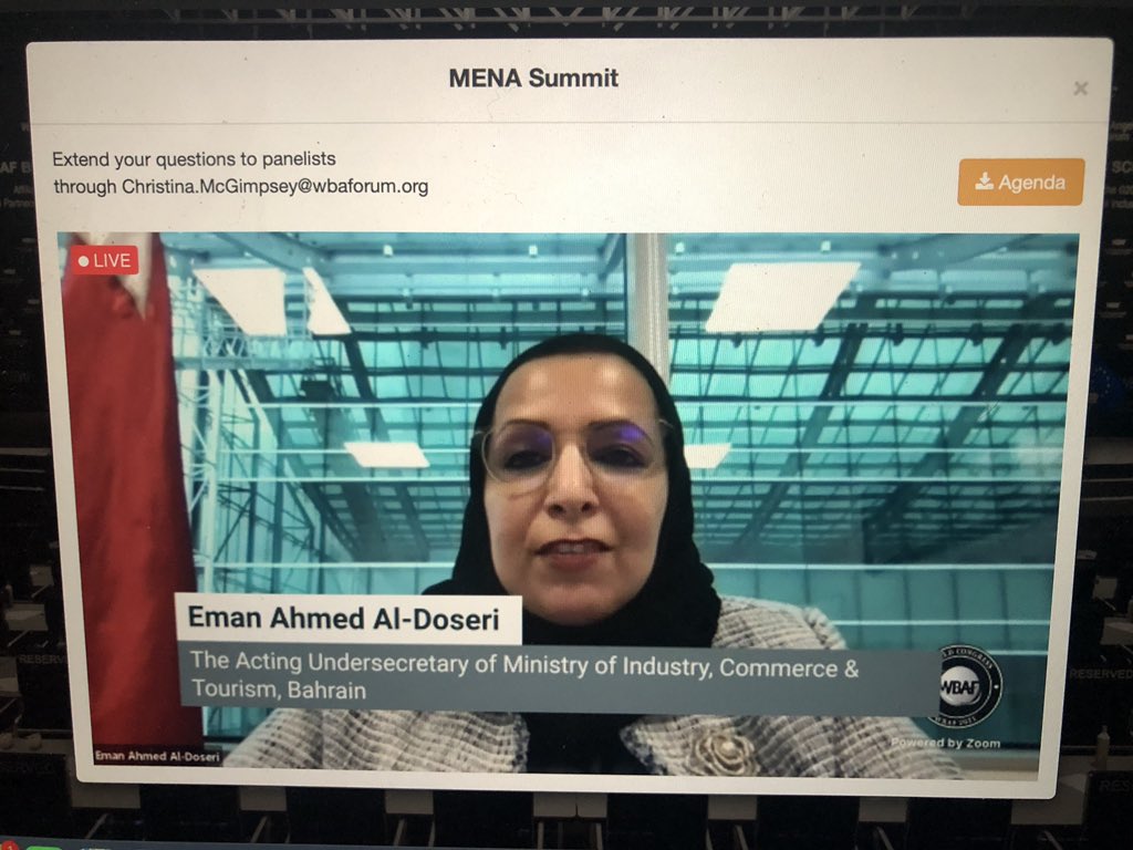 MPintoBarbosaCo's tweet photo. Fantastic keynote at this morning’s @wbaforum MENA Summit delivered by HE Eman Al Doseri Acting Undersecretary of the @MOICBahrain https://t.co/6RMG7tuY6P