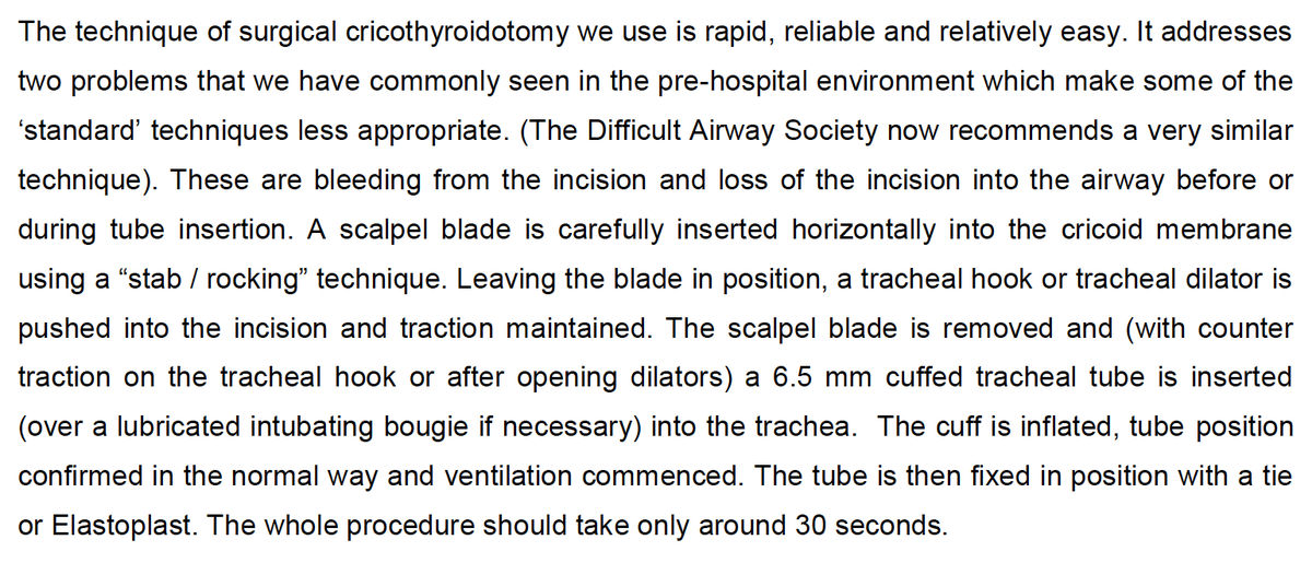 Despite this, of the 72 scalpel crics performed, 70 were successful in gaining definitive airway control (97.2%) suggesting our technique of SC (scalpel, dilators/hook, bougie, tube) which doesn't use scalpel rotation, is effective and has a high rate of procedural success. 12/14