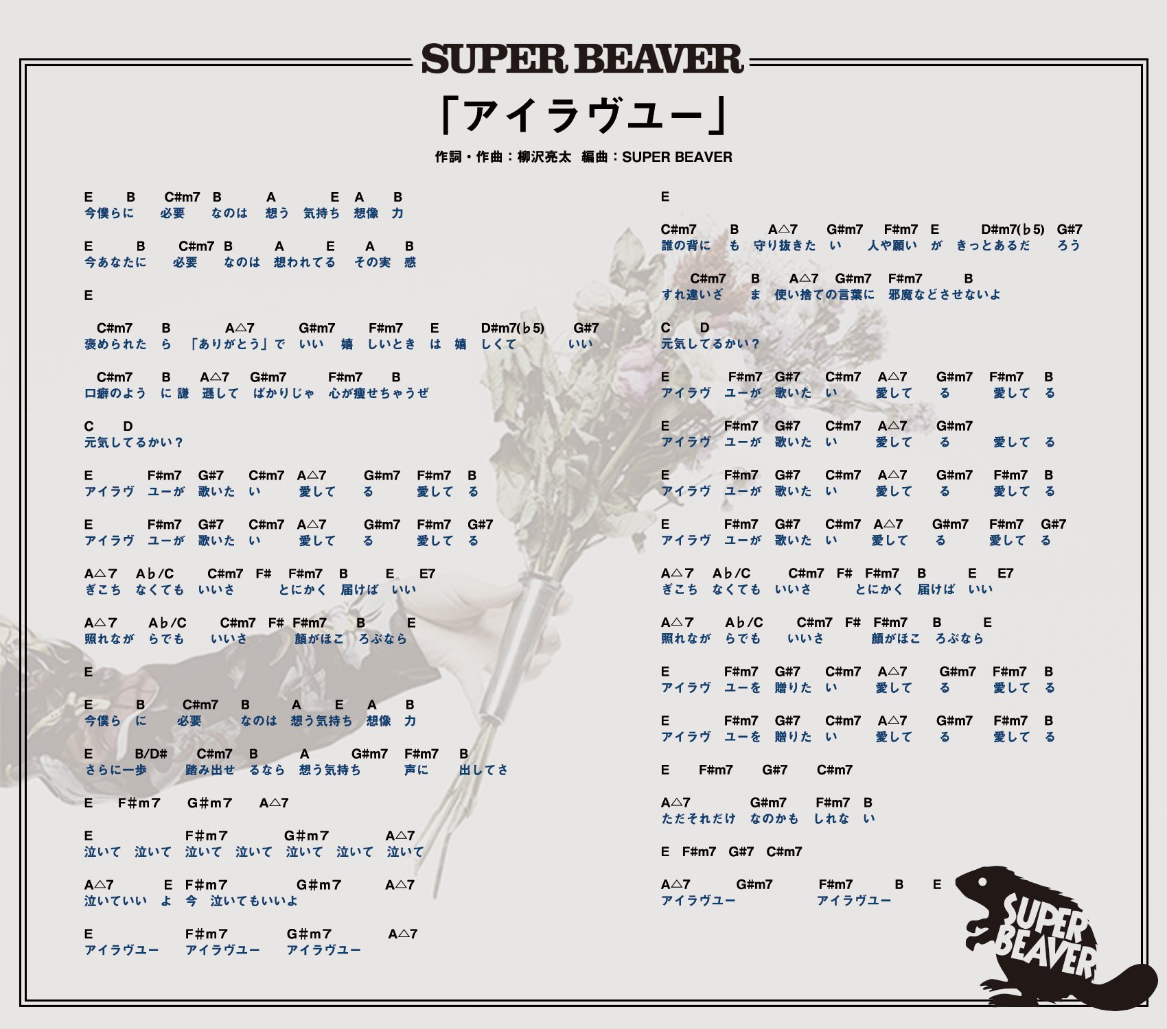 Super Beaver ビーバーアイラヴユー New Album アイラヴユー 収録 アイラヴユー コード譜画像を公開 W Gt 柳沢本人が書き起こしたオリジナルコード譜 弾いたり 歌ったり ご自由にお楽しみくださいね Superbeaver