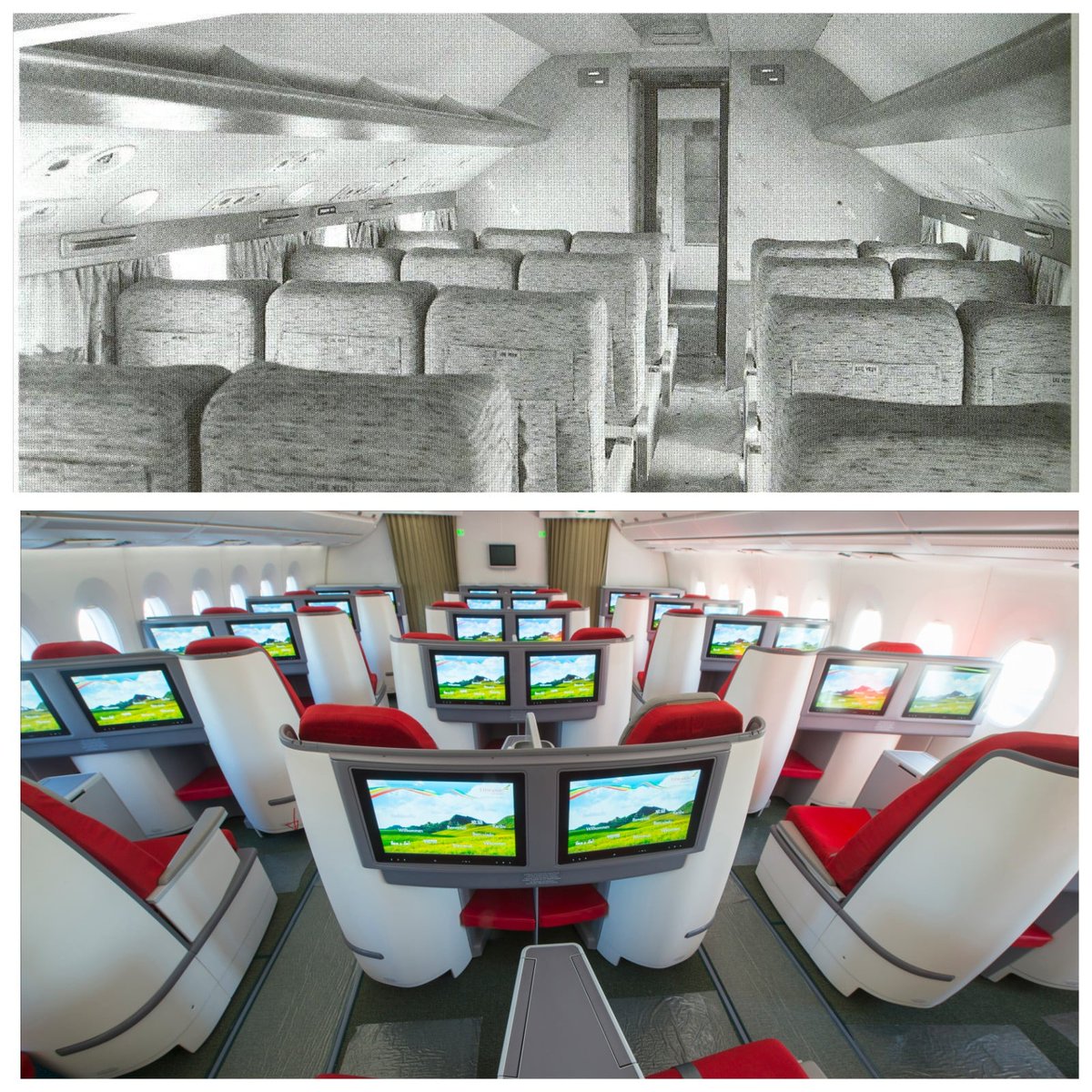 A remarkable leap to ultra modern cabins. The DC-6B first class vs the A350-900 business class. #ThrowbackThursday #FlyEthiopian