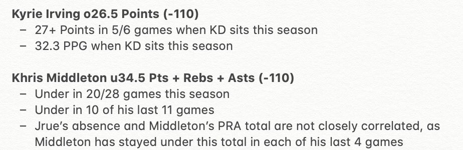 propbetguru's tweet photo. I’ve got 2 midnight #NBA Player Props ...

2u - Khris Middleton u34.5 PRA

1u - Kyrie Irving o26.5 Points

Some good stuff on the way for tomorrow despite the small slate. Stay tuned! 

#GamblingTwitter #FreePicks #PlayerProps #NBATwitter https://t.co/1SCfpi0rsm