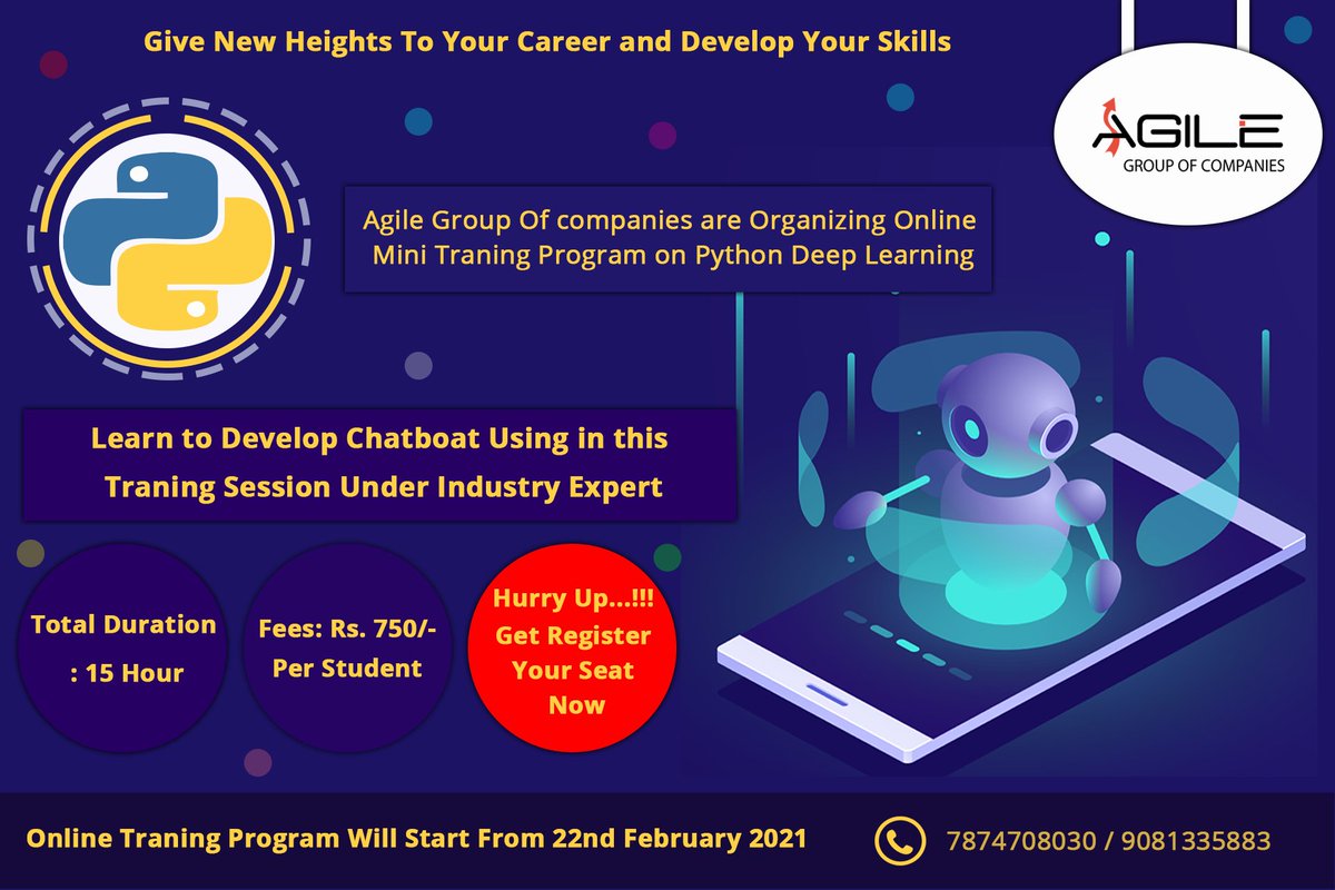 AgileAcademy_'s tweet photo. “MINI ONLINE TRAINING PROGRAM ON PYTHON”

We at Agile Group of Companies invite you to attend a very useful as well as Informative Online Training Program on #PythonDeepLearning using NLP.Deep Learning with Python from Scratch.
Form Link: https://t.co/Z894kTZKsH 
#python https://t.co/X8SQGIRXdG