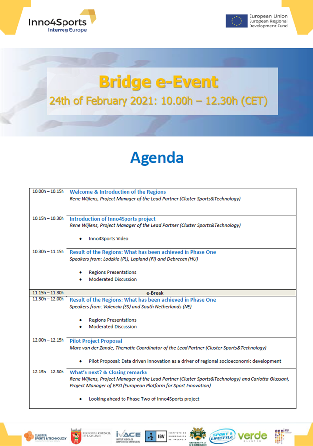 Inno4S's tweet photo. @Inno4S #BridgeEvent is on its way! We will take stock of #Phase1 experiences&results and get ready for an exciting #Phase2. Find the meeting agenda here below!
#regionaldevelopment #interregEurope #sportinnovation https://t.co/Nx7vLA9iCC