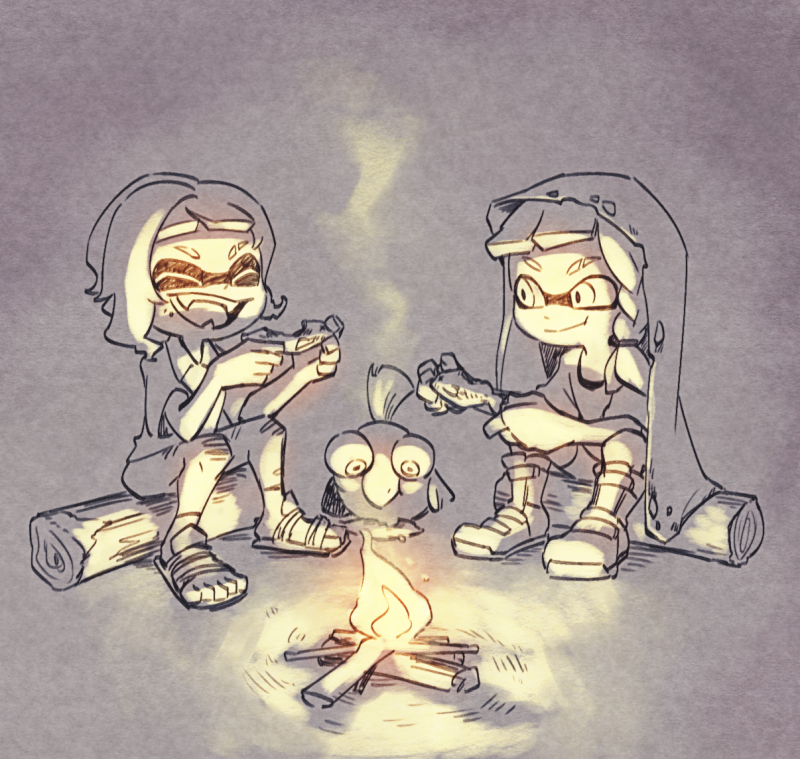 inkling ,inkling girl campfire smile sitting tentacle hair eyebrow cut torn clothes fish  illustration images