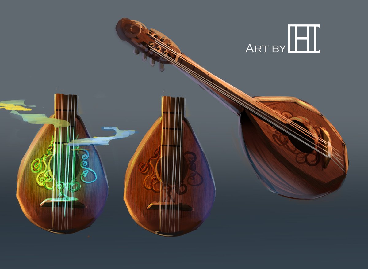 Aestethicprince's tweet photo. Yoooo
Mandolin design for my green fairy bard 🧚‍♀️
A bit of backstory: she was adopted by two human mages, so she knows how to use magic and throws enchantments when singing (the designs start shimmering when it happens)
#digitalart #conceptart https://t.co/a8wiXXwgk1