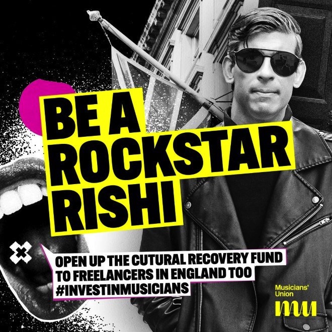 Musicians are doing all they can to keep their heads above water. #BeARockstarRishi and do your bit. #InvestInMusicians and open up the next round of the Cultural Recovery Fund for freelancers in England too.