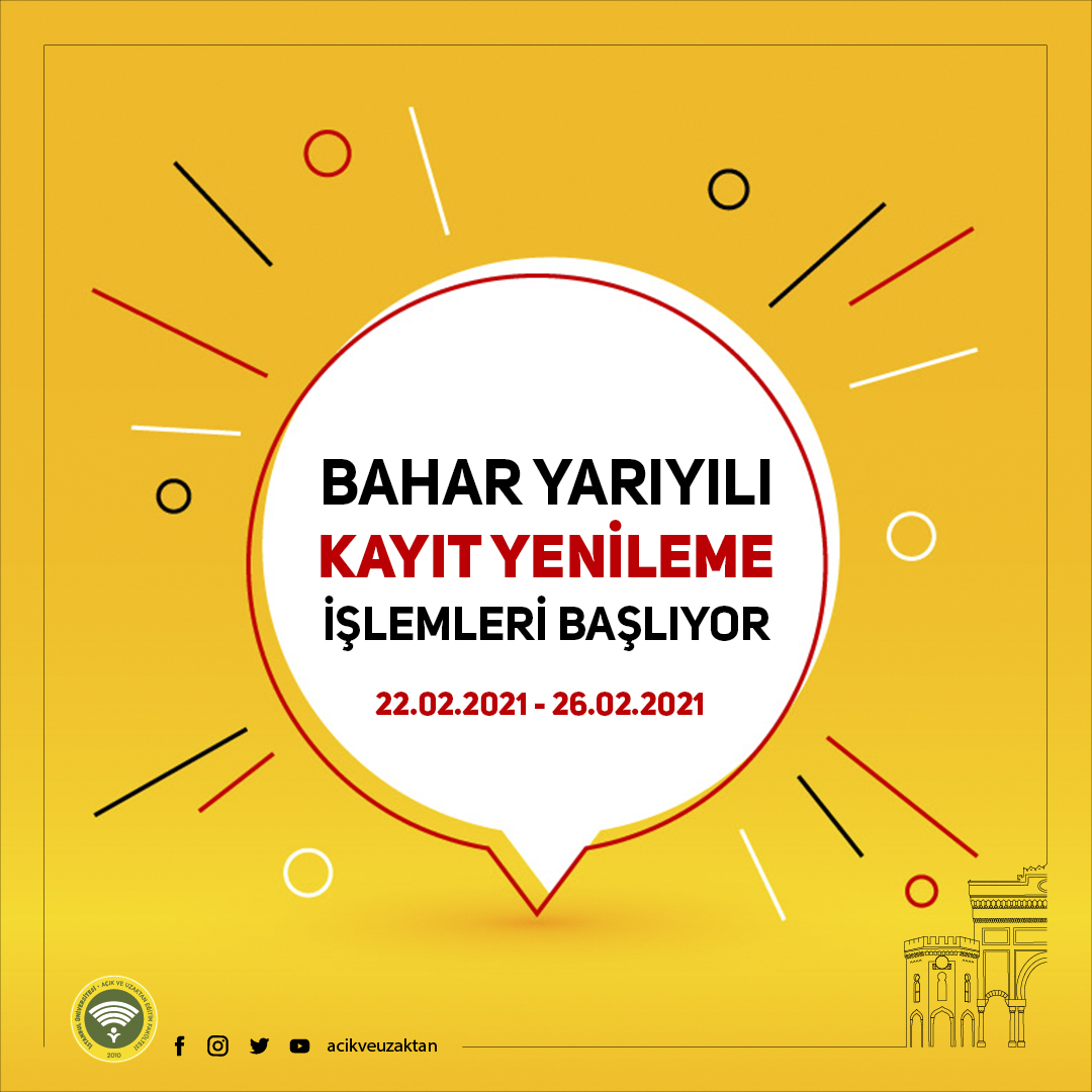 istanbul universitesi auzef on twitter degerli ogrencilerimiz 2020 2021 egitim ogretim yili bahar yariyili kayit yenileme islemleri 22 subat 2021 saat 11 00 26 subat 2021 saat 23 59 tarihleri arasinda gerceklestirilecektir https t co