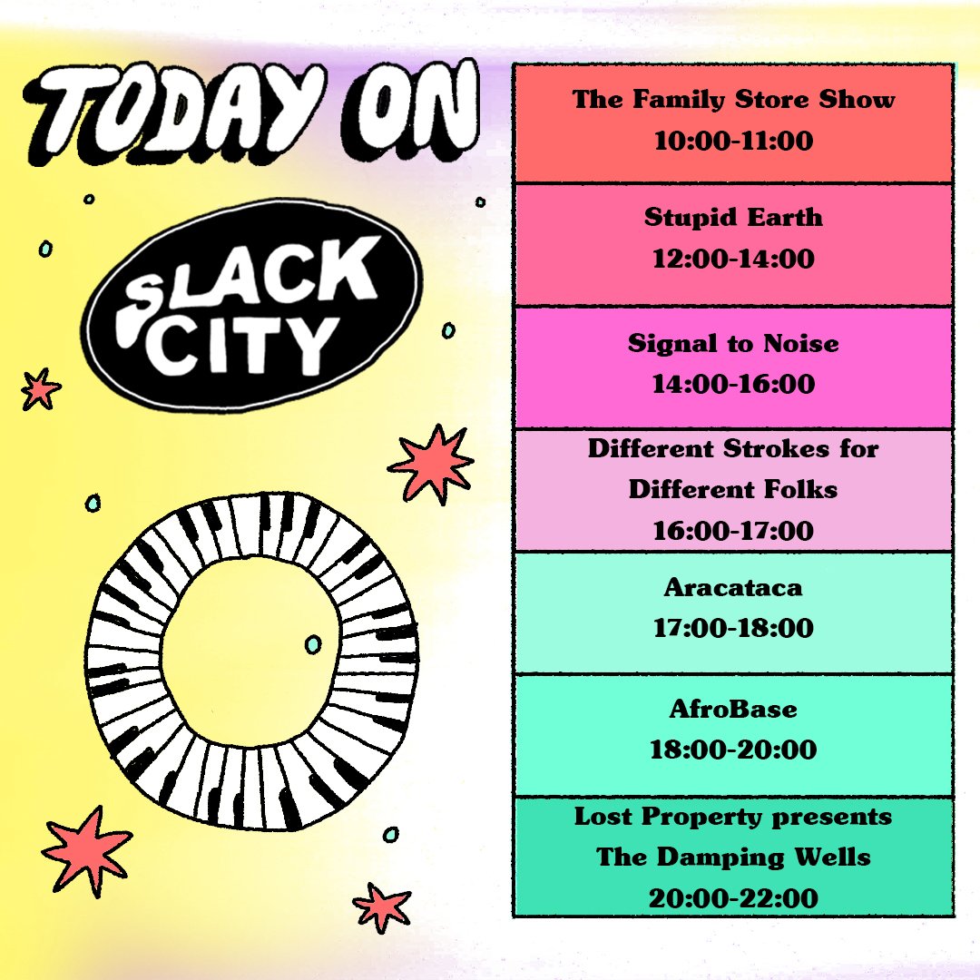 Thursday in Slack City. Tune in on SlackCity.org.uk and on DAB

<a href="/familystoreuk/">family store</a> // <a href="/STUPIDearthBTN/">STUPID EARTH</a> @Slugabedmusic <a href="/ActiviaBenz/">Activia Benz</a> // #SignaltoNoise // <a href="/DiffFolks/">DifferentStrokesDifferentFolks</a> // #Aracataca // #AfroBase // @lostpropertyco

Artwork by @em_wallace_art  |  #SlackCityRadio <a href="/PrezEdBrighton/">Presuming Ed</a>