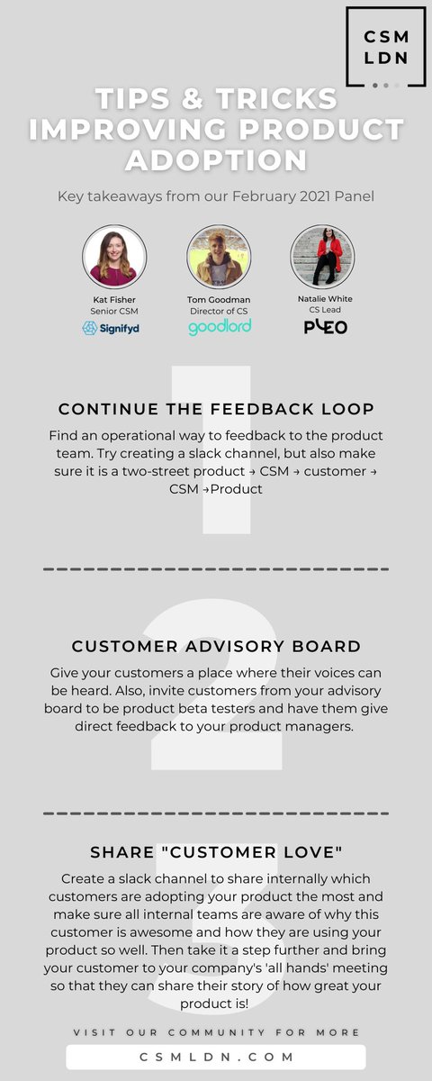 anikazubair_'s tweet photo. Yesterday #CSMLDN hosted our first ‘Lunch & Learn Panel’ of 2021 talking about all things product adoption! Kat Fisher - @signifyd , Tom Goodman -@sogoodlord and @NaattyyNatNat from @pleo shared their insights and experiences and we have summarised key takeaways below ⬇️ https://t.co/cMmfc2E8CR