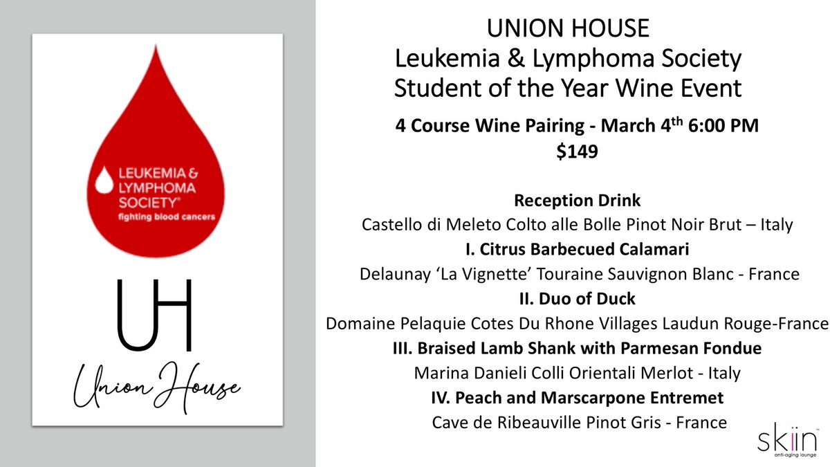 TheUnionHouse's tweet photo. L👀K HERE!! This is an amazing pairing!! @LLSusa &amp; @TheUnionHouse   with the LLS student of the Year to help the fight!!  Join us!! #winedinner #charcuteriebaskets #giftcards @lovemyskiin #viedevin
262.968.4281 https://t.co/0gIe7LSG70