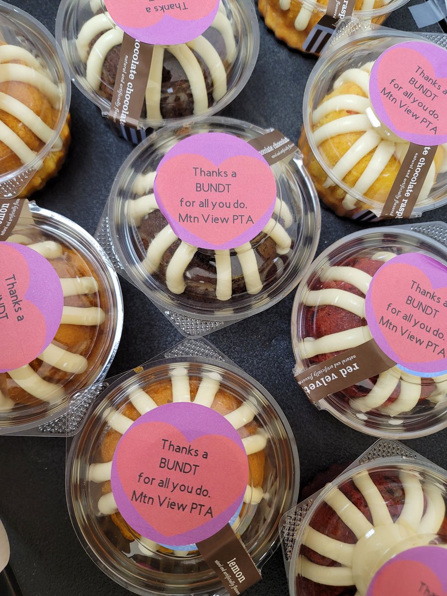 TY <a href="/MountainViewJCS/">Mountain View Elem</a> PTA for the <a href="/nothingbundt/">Nothing Bundt Cakes</a> cakes for our Ts and staff!  We thank you a bundt'ch for everything you all do for our MV Ss, Ts, staff, and families! 🖤💛🐎