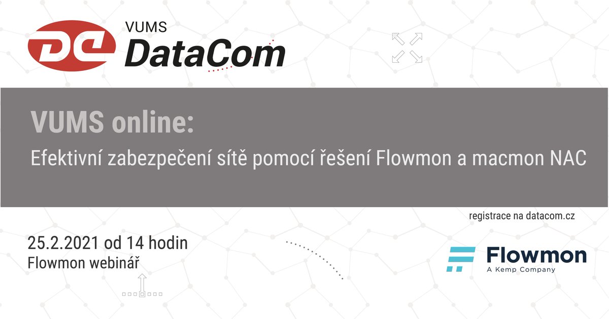VUMS_DataCom's tweet image. 25.2. od 14. hodin proběhne webinář na téma Efektivní zabezpečení sítě pomocí řešení Flowmon a macmon NAC. // Webinar: Effective network security with @FlowmonNet  ADS and @macmon_DE  NAC on Thursday 25.2.
Více na: bit.ly/3u9AJGX

#nac #ITSecurity