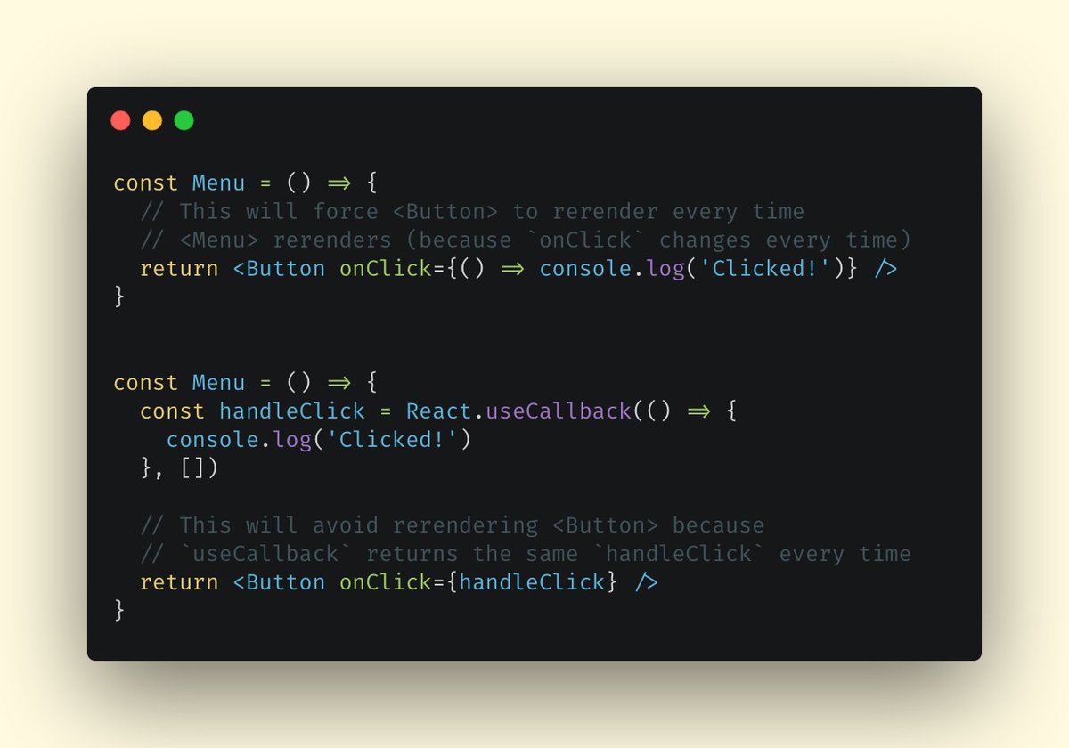 6) Passing a new function to a prop every time.This is common with event listeners:<Button onClick={() => ...} />() => ... creates a new function every time. This makes `onClick` change with every rerender.To fix this, wrap the function with `useCallback`.