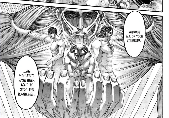 also not sure if this is relevant, but the parallels between this composition of armin/shifters and that of ymir and the nine titans strikes a chord for me. when this illustration is used within the ED, we see ymir's image slashed - could this tell the end of the titans powers? 