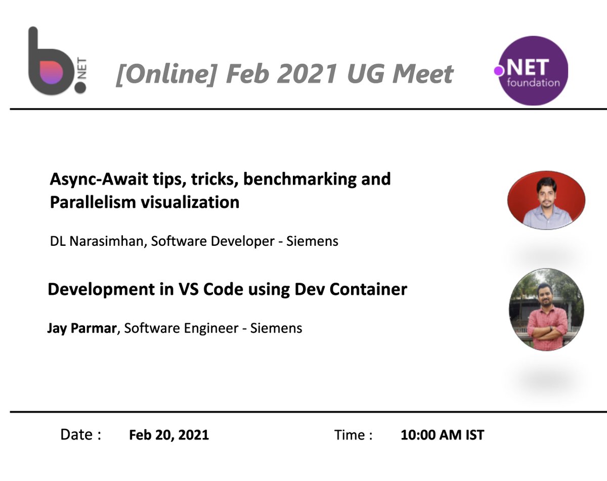 thisisjayparmar's tweet photo. Please join us in the upcoming @bdotnetug virtual meetup happening on 20-Feb-2020 10 AM IST. 

cc:  - @svswaminathan 

#learningfromhome

Register here https://t.co/qQFSPWOD9F https://t.co/yJJNCOQApV