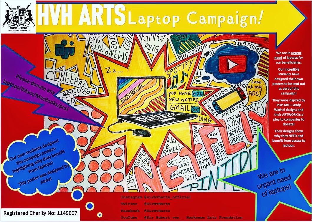 SirHvHArts's tweet photo. Please share our #donatetocreate laptop campaign designed by our young people in need of laptops. We support young people in disadvantaged areas who desperately need laptops to support their creativity in skills in media music photography and art #RETWEEET #please https://t.co/hYpzQxdPu6