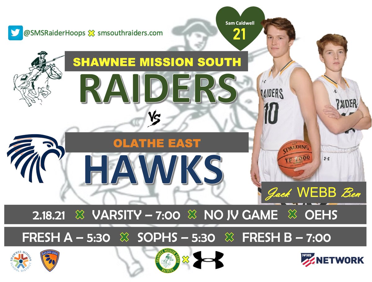 SMSRaiderHoops's tweet photo. #GAMEDAY
🆚 Olathe East Hawks
📍 OEHS
🕰 Varisity -7:00
FrA-5:30▪️Soph-5:30▪️FrB-7:00
❌ No JV Game
🎟 Approved Fans Only🦠
🖥 NFHS Network
📲 Follow @SMSRaidersAD & @SMSouthTDain for updates!
#RaidersNation🔰#Southside
💚#FlyHigh21💛 https://t.co/nnazSCrhJH