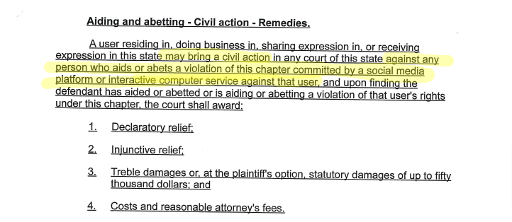 Aside from trying and again failing to legislate around 230 - which protects social media companies from any liability at all for "viewpoint discrimination," they've now added an "aiding and abetting" claim against users for reporting content to moderators