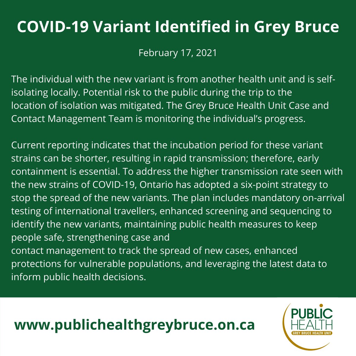 GBPublicHealth's tweet photo. The individual with the new variant is from another health unit and is self-isolating locally. Potential risk to the public during the trip to the location of isolation was mitigated. 

News Release:  https://t.co/YYuZlQ6D4r https://t.co/9jrxMYYL4j