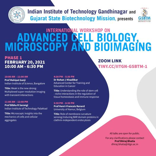 gsbtm's tweet photo. An International workshop on “Advanced cell Microscopy and Bioimaging” will be organized by @iitgn & @gsbtm on 20/02/2021. The eminent speakers are @mahipal_ganji , @RohanKhadilkarr , @BibhuRanjan & @RenardHenriFra1 . #DST #DSTGoG #Biotechnology @hareets
https://t.co/4NuWWC1rZI https://t.co/llPtbsmrto