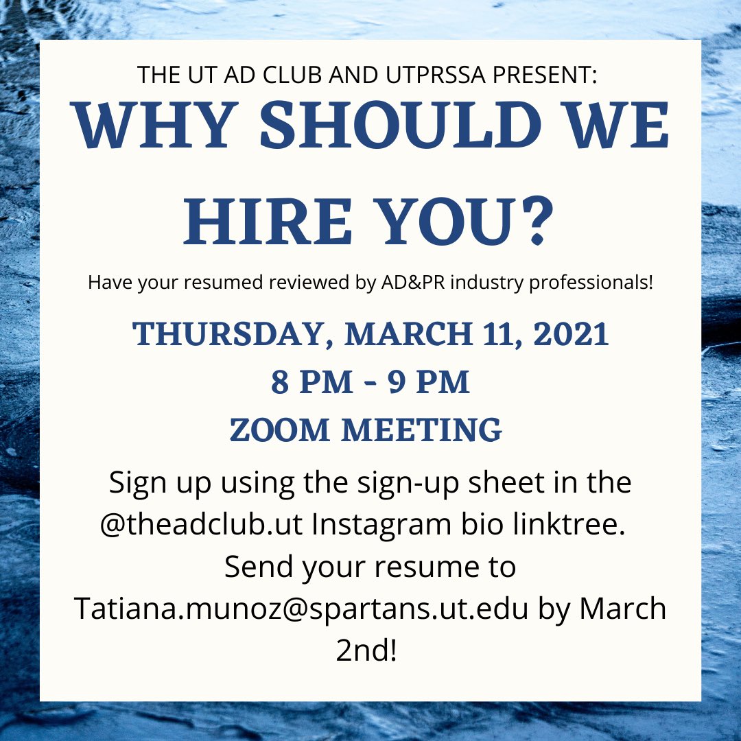 Join us at upcoming UT AD Club &amp; UTPRSSA event to have your resume reviewed by AD&amp;PR industry professionals! See post for details on signing up!