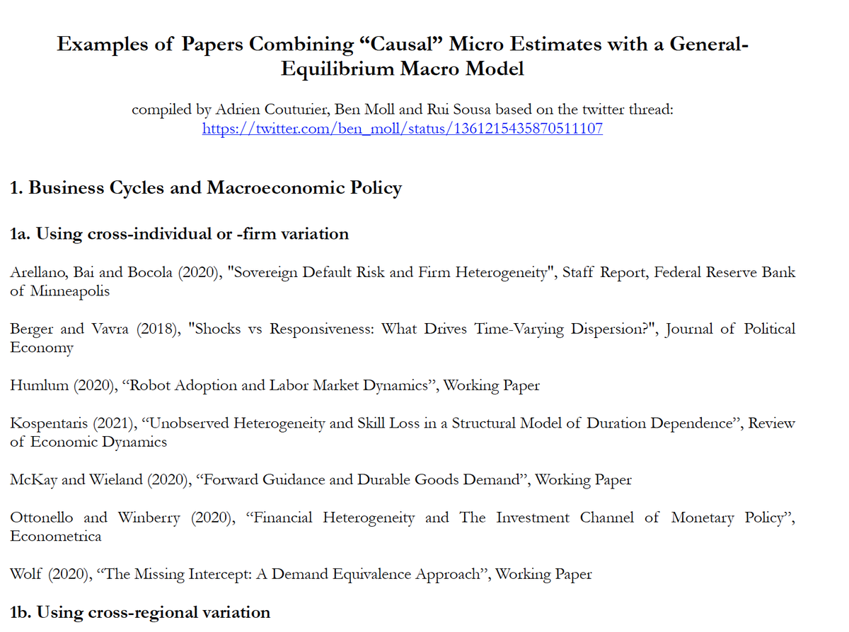 Here are the references in this thread  http://benjaminmoll.com/micro_to_macro/ Illustrates increasing popularity of this "micro-to-macro" approach and breadth of topics it has been applied to.Thanks to my two predoc RAs  @AYCouturier and Rui Sousa for compiling it!