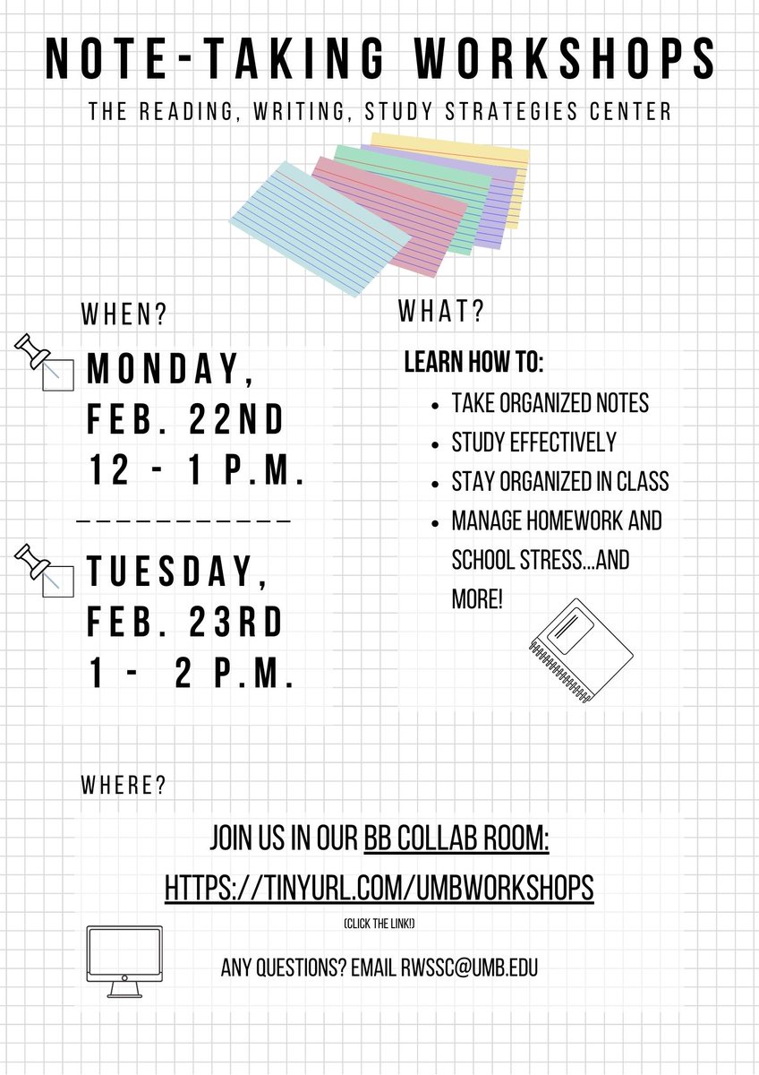 With remote learning, the way you're receiving information from your instructors may have changed, which gives you the opportunity to think about which note-taking strategies work best for you. To do just that, join our note-taking workshops next week!