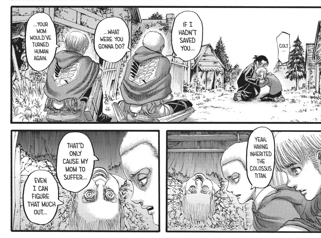 now im going to talk about an unresolved character arc we have yet to find closure on: connie's mother. you'd think it would be a kindness to put her out of her misery, trapped like that, but if the titan powers ARE dissolved, will this mean connie will get his happy ending?