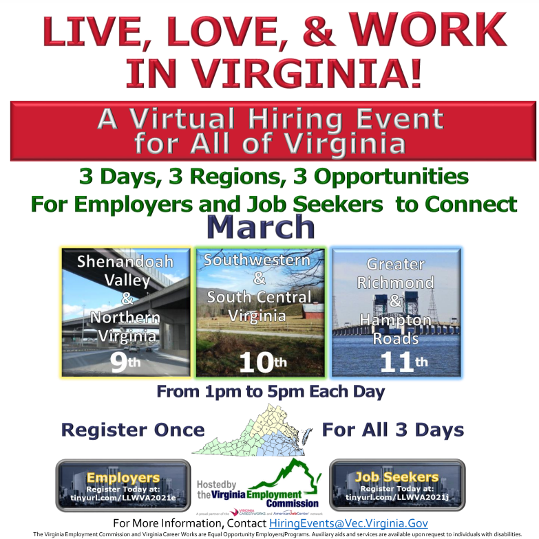 Live, Love, & Work in Virginia! Statewide Virtual Job Fair 3 Days 3 Regions – March 9th – 11th Register Once for All 3 Days portal.premiervirtual.com/event/register… (Uploading a Resume is Recommended) #VAJobs #Statewide #Virtual #Jobfair