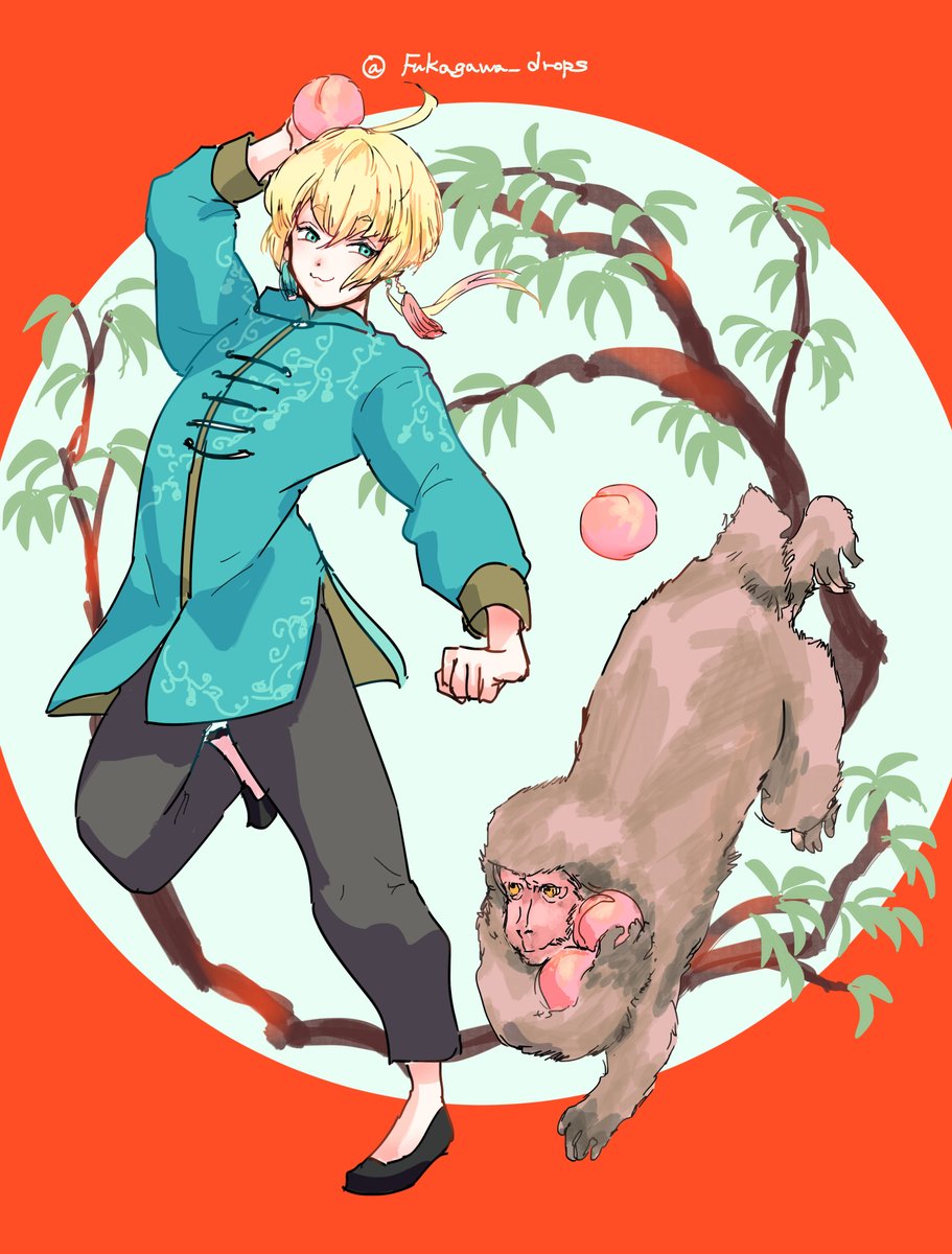 1boy blonde hair food fruit peach male focus monkey  illustration images