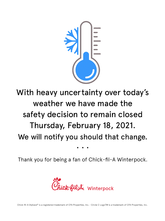 🐄 There is a change to our planned opening for today, Thursday, February 18, 2021.

We will be closed today!

Ice is uncertain, we are certain that the safety and well-being of our team and guests are priority.

Thank you for your patience and understanding during this time. 🥶