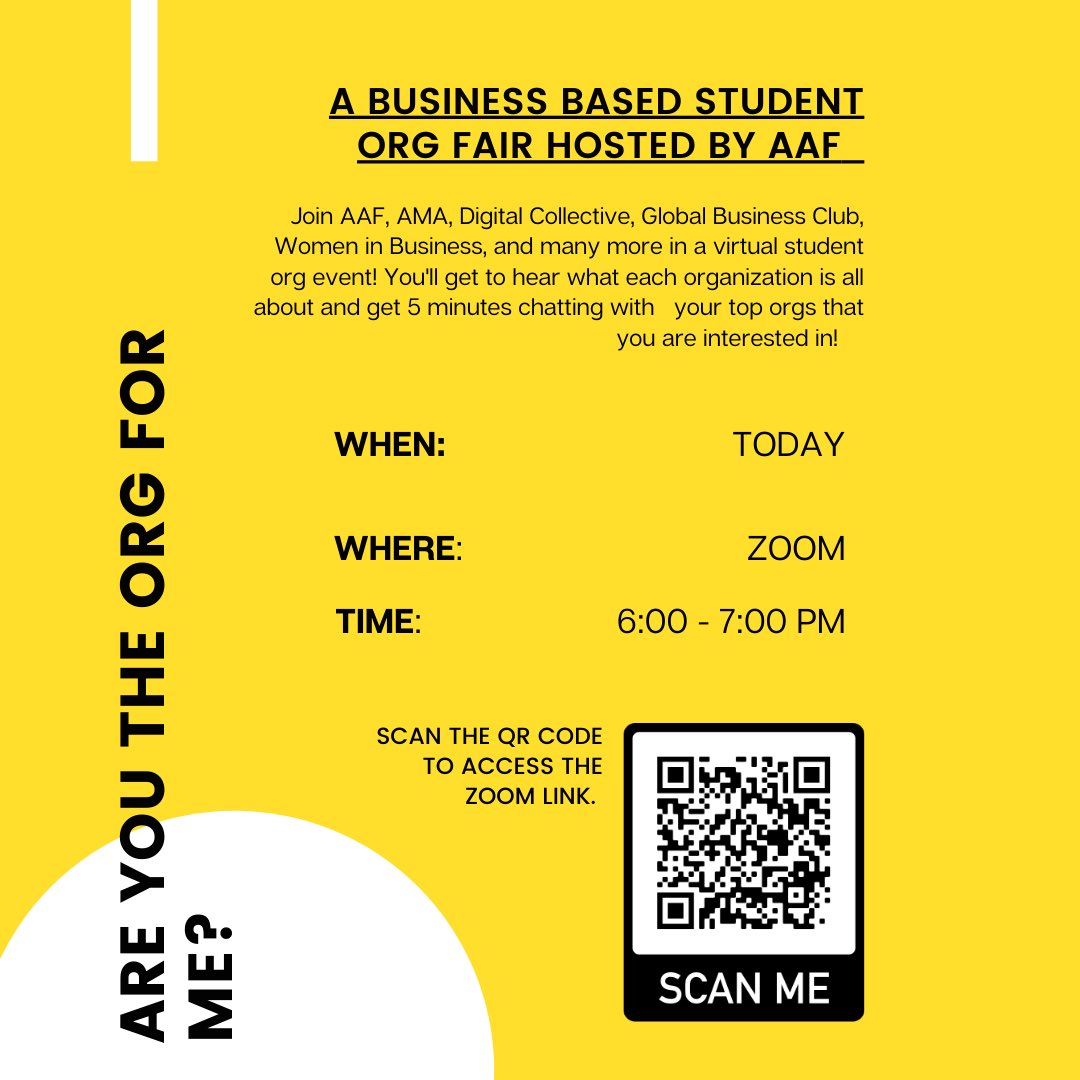 Share this with your friends! WiB is one of the business organizations featured in the “Are You The Org For Me?” virtual student org fair! Scan the QR code in the image to access the zoom link to tonight’s event!