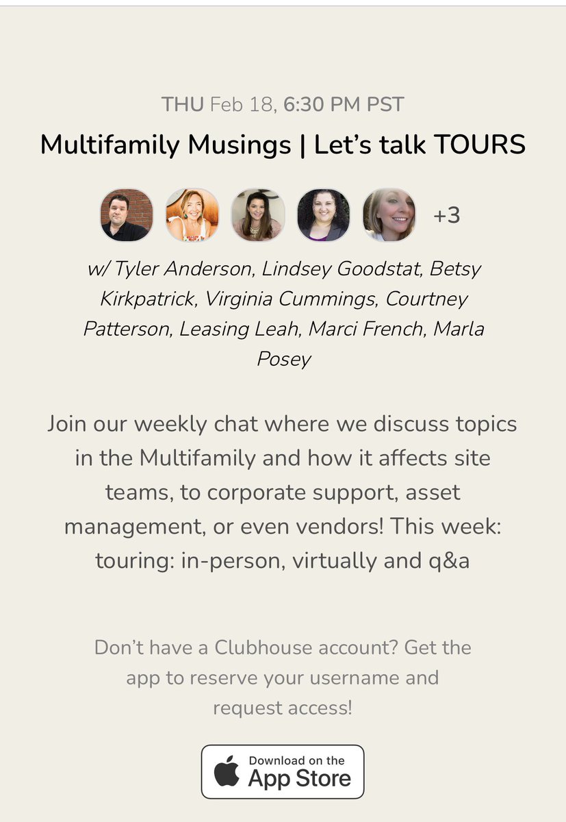 Looking forward to joining this group of multifamily real estate professionals tonight over on Clubhouse. See you at 6:30pm PST/9:30pm EST. #multifamily #RealEstate #Leasing #propertymanager