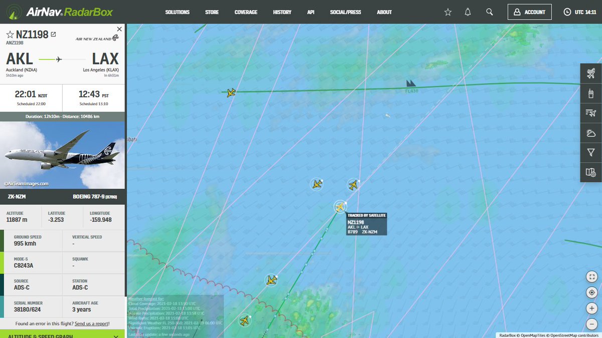 AirNavRadar's tweet photo. Air New Zealand flight NZ1198 from Auckland (New Zealand) to Los Angeles (USA) tracked by our satellite-based ADS-B. 📡🛰️✈️
Follow flight NZ1198 at RadarBox:
https://t.co/GALKP5WOGp
Read more about our satellite-based ADS-B:
https://t.co/Ll4l4Imv11
#SatelliteBasedADSB https://t.co/MEJ7zEG9mL