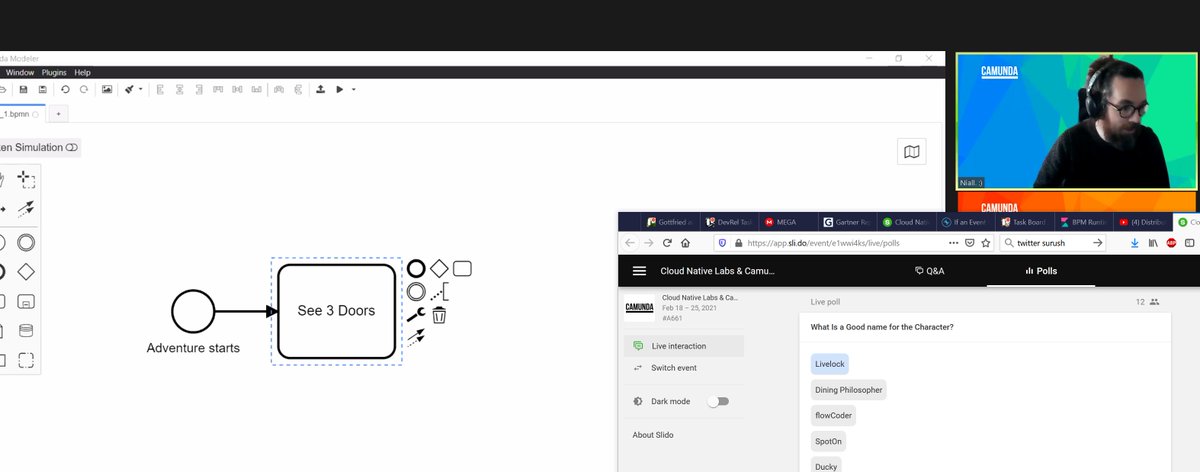 berndruecker's tweet image. Now comes the live adventure game with @NiallDeehan - live modeled with #bpmn of course. Great stuff :-)