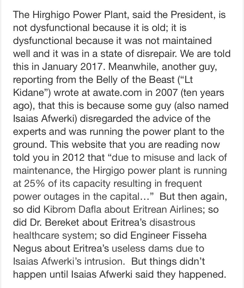18. Let’s take the simple example of Hirghigo Power Plant and its decay that keeps complaining about. Who was responsible for its lack of maintenance?  #Eritrea  #Ethiopia  #EritreaPIAInterview  http://awate.com/isaias-afwerki-we-were-not-chosen/