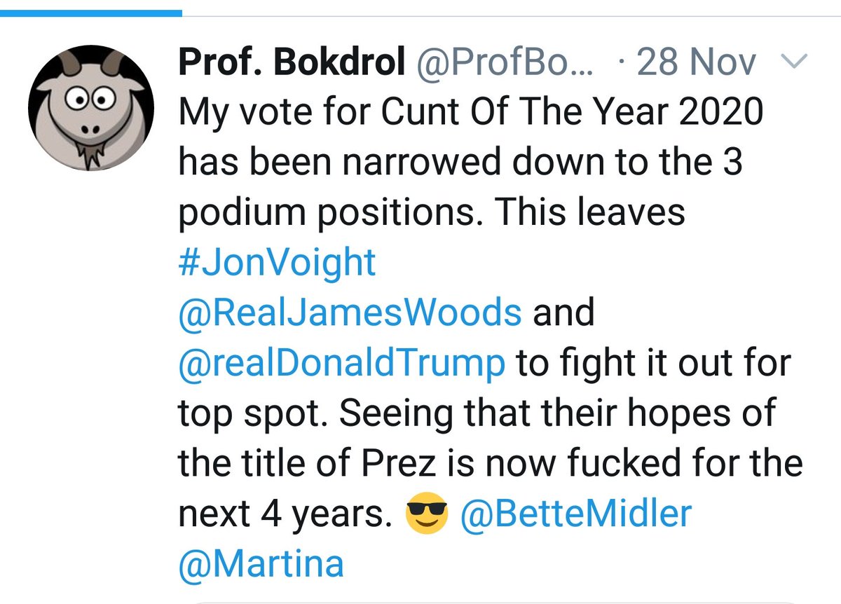 EmeritusBokdrol's tweet photo. Could be worse....I went from 3,200 followers to zero when the Twatter Nazis assassinated my account for this one. How can calling Trump a cunt be a bad thing??? https://t.co/dqxTEeHB9R