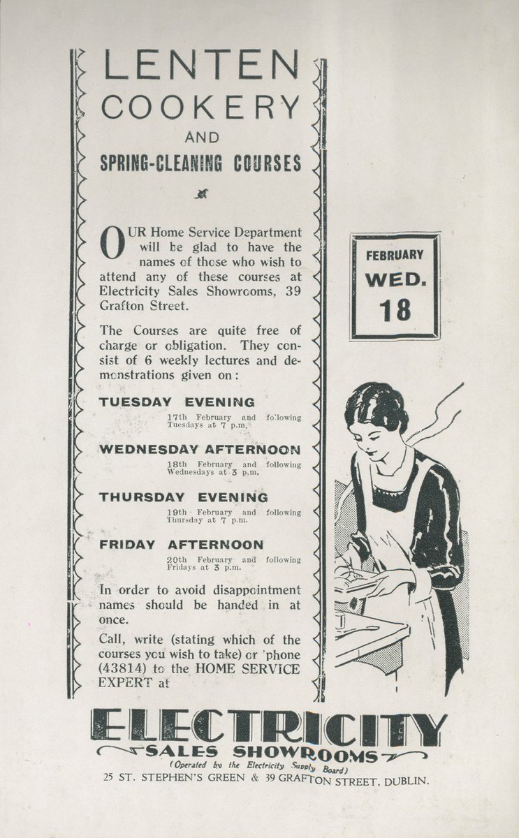 #OTD 1931, ‘Lenten Cookery & Spring-Cleaning Courses’ at the Electricity Sales Showrooms, 39 Grafton Street.💡#Lent #SpringCleaning #CookeryCourse #1930s #Dublin