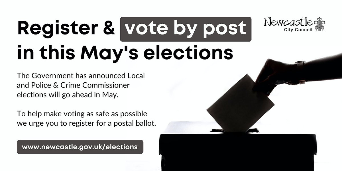 The #LocalElections will go ahead in #Newcastle this May & preparations are on track to allow that in a #Covid secure way - But you can also help keep people safe by registering to #vote by post. Find out more at orlo.uk/tukfu #YourVoteMatters #GetReadyToVote