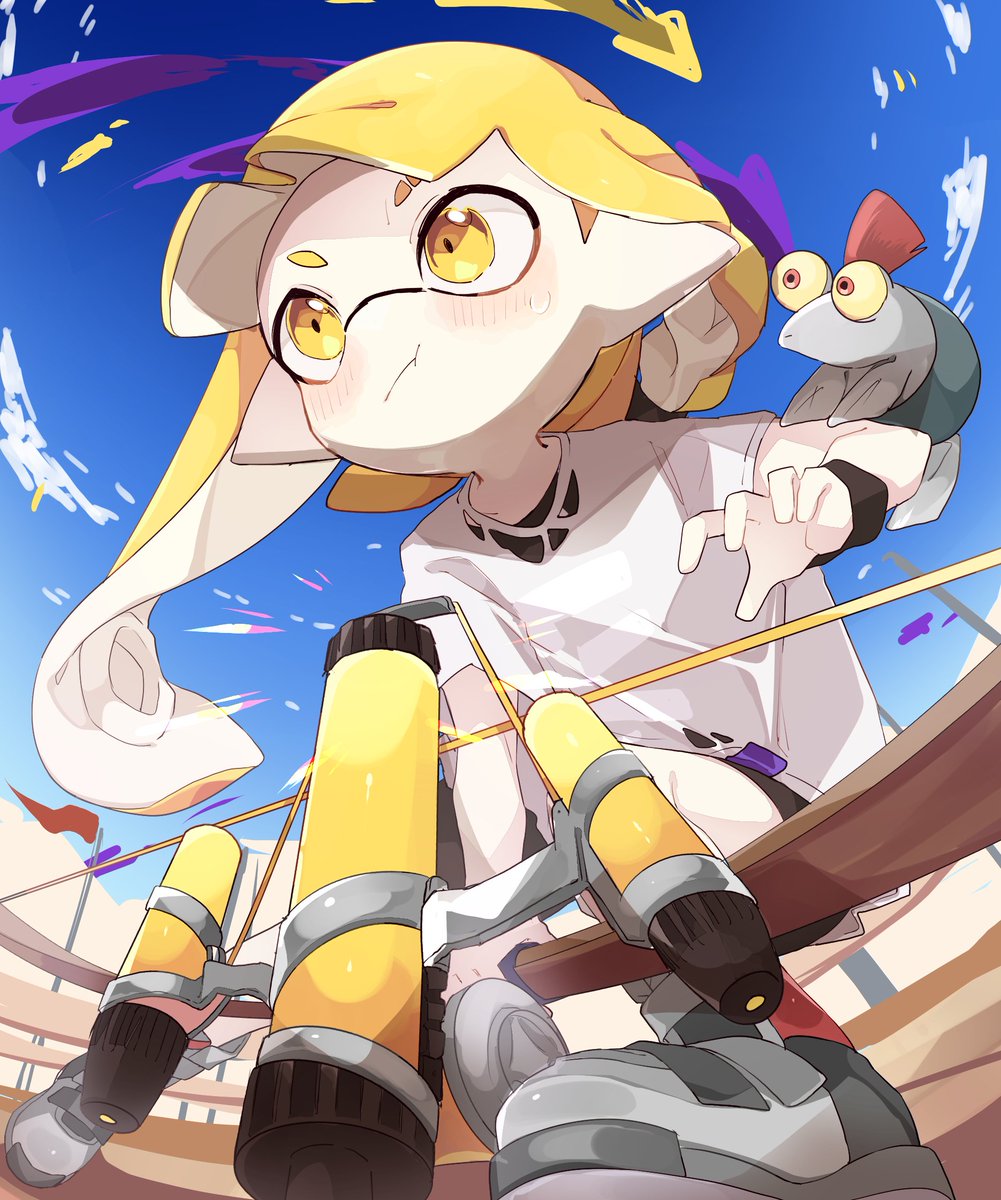 inkling ,inkling girl 1girl tentacle hair white shirt closed mouth shirt blonde hair sky  illustration images