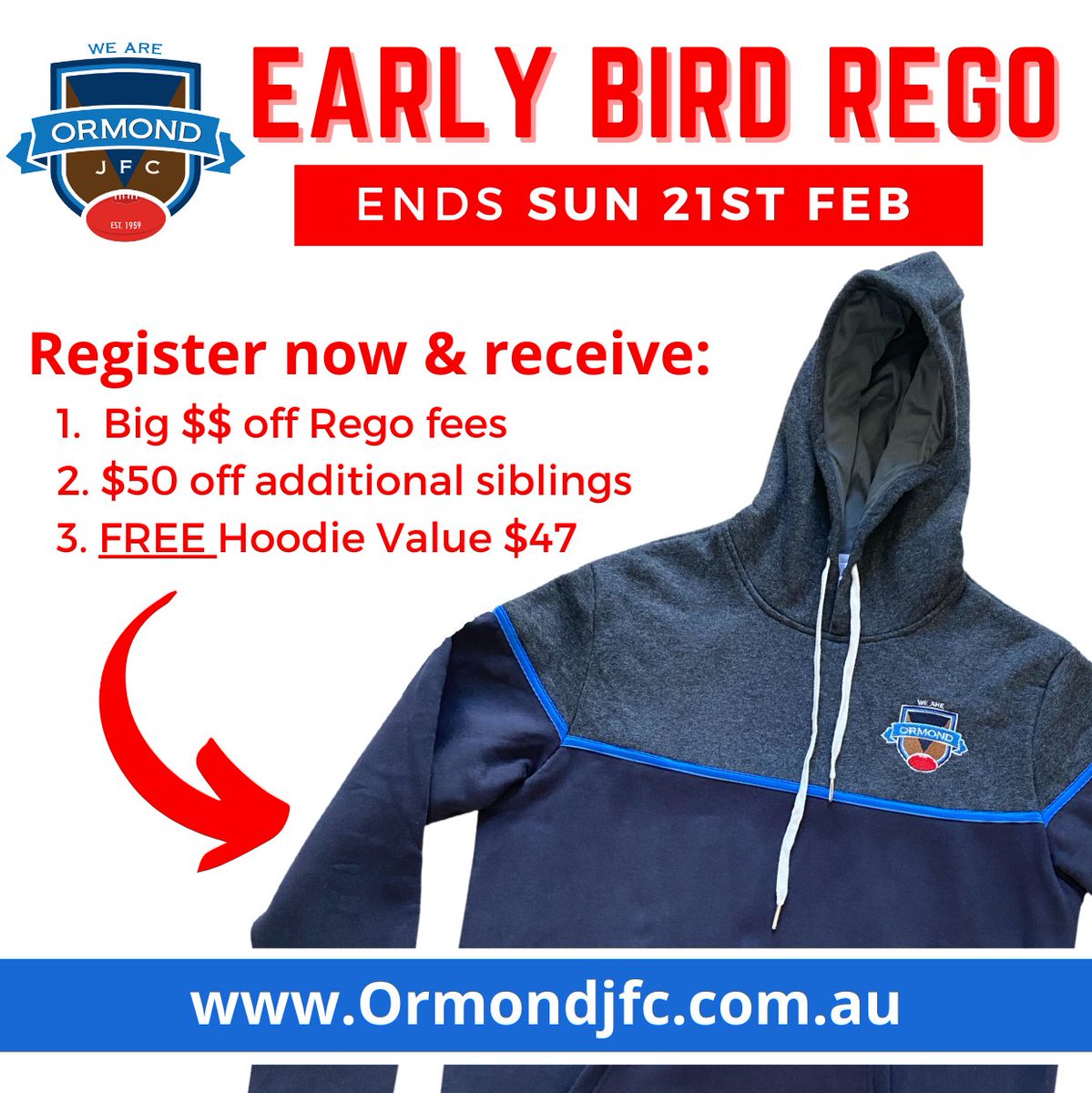 OrmondJFC's tweet photo. Ormond Junior Footy Club "Early Bird" Registrations Extended til 11.59pm Sun 21st Feb. 
Register now to save money $$$ and receive your FREE 2021 Club Hoodie valued at $47. Must finish Sunday.
For more info &amp; to register https://t.co/N9dR0xC9ye
@OrmondJFC @Ormond_AFC @SMJFL @AFL https://t.co/TRjnZdsy62