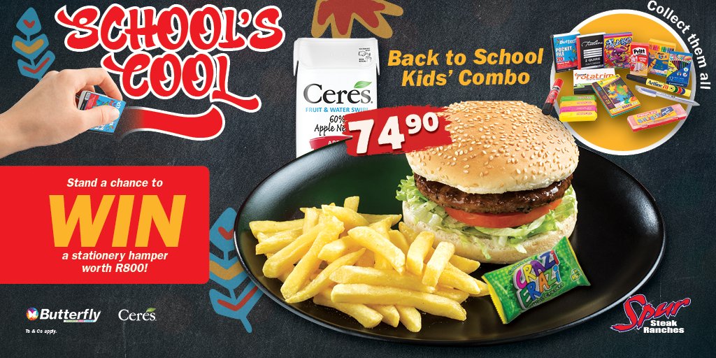 SpurRestaurant's tweet photo. WIN @Butterflyproducts stationery worth R800! Enter until 28 Feb ’21! Order Spur’s Back to School Kids’ Combo with beef or chicken burger, @Ceresjuices, collectible Crazi Erazi for R74.90 &amp; swipe your Family Card or use the app. Ts&amp;Cs apply. https://t.co/C52m2XVuOt #SpurKids https://t.co/FXor0KNXkE