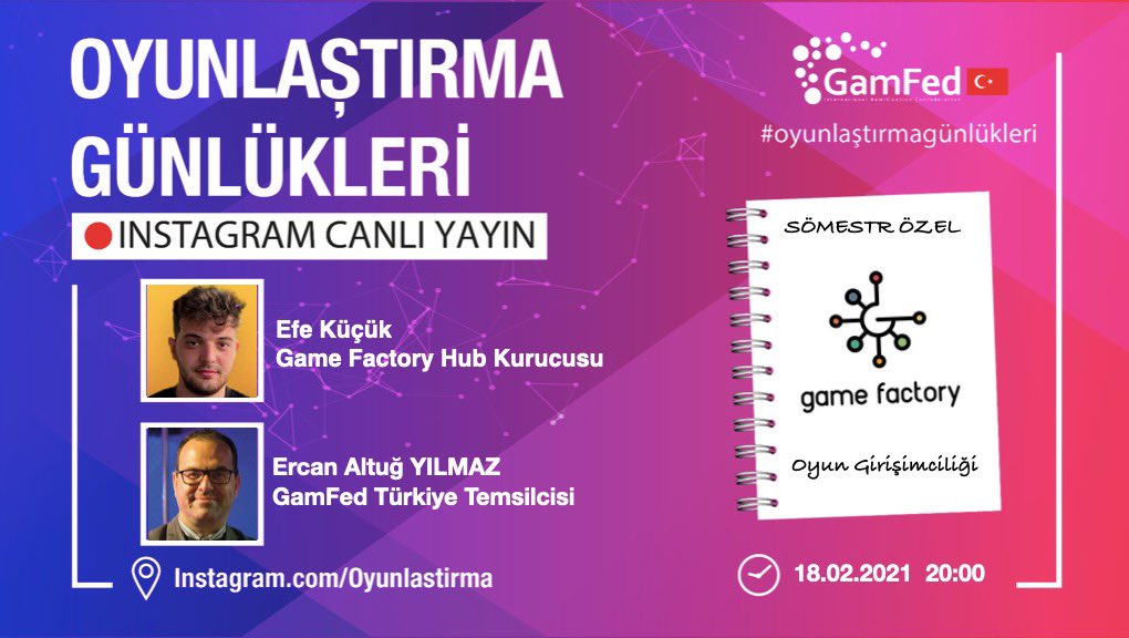 📌🥳Game Factory Ceo’su <a href="/efe__kucuk/">Efe</a> ve Oyunlaştırma Uzmanı <a href="/ercanaltug/">Ercan Altuğ Yılmaz 𝕏 🇹🇷</a> ile "Game Factory Oyun Girişimciliği" hakkında kaçırmak istemeyeceğiniz bir sohbete davetlisiniz!

📆 Bu Akşam
🕘 20:00

 📢 👉🏻Instagram canlı yayını
<a href="/ercanaltug/">Ercan Altuğ Yılmaz 𝕏 🇹🇷</a> hesabından takip edebilirsiniz.