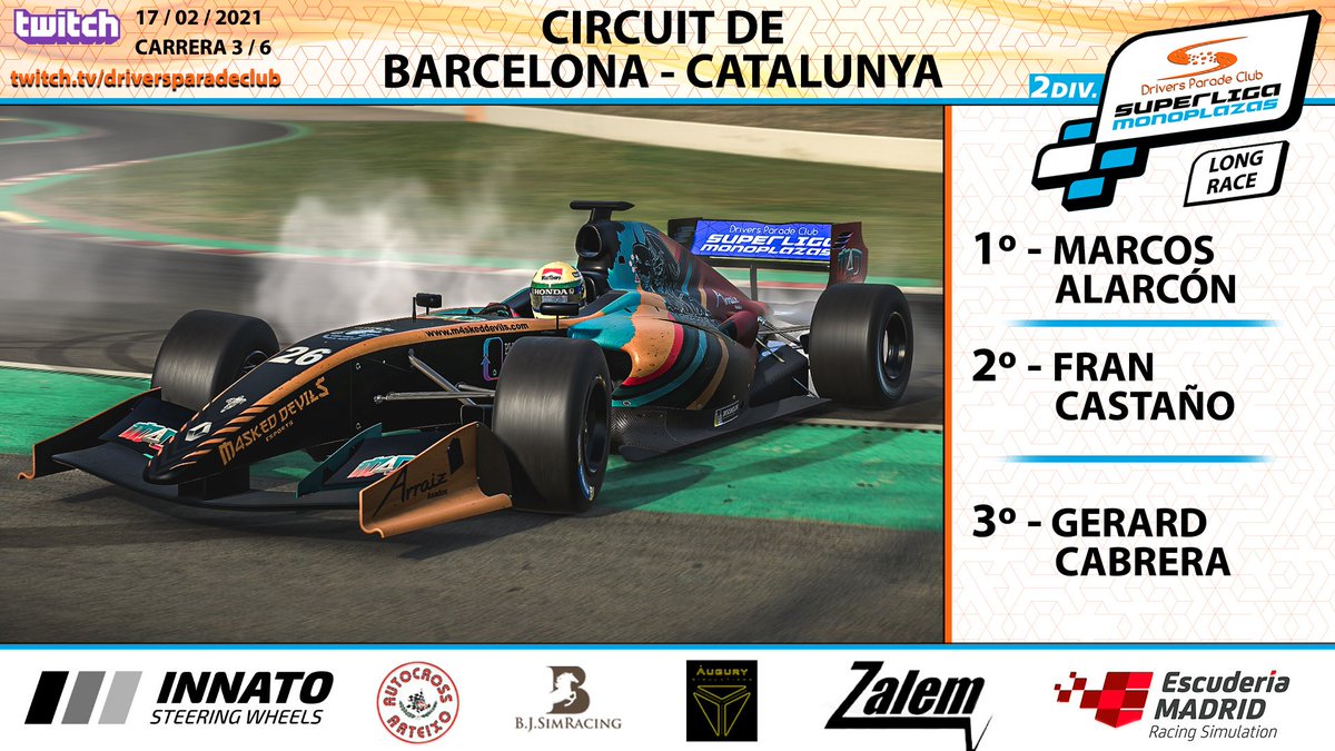 🏁SUPERLIGA MONOPLAZAS 🏁

🥈2ª DIVISIÓN
📍Barcelona
📆17/02/2020

SPRINT RACE:
🥇MARCOS ALARCÓN <a href="/markinho_AG/">Marcos Alarcón</a>
🥈JOAQUÍN JIMÉNEZ <a href="/Joaquin_F1/">Joaquín Jiménez 🏁</a>
🥉ALBERTO TORRES <a href="/Farkasthelord/">A. Torres 'Farkas'</a>

LONG RACE:
🥇MARCOS ALARCÓN <a href="/markinho_AG/">Marcos Alarcón</a>
🥈FRANCISCO CASTAÑO <a href="/frank__88/">Fran Castaño</a>
🥉GERARD CABRERA <a href="/GerrardCH/">G.C.H</a>