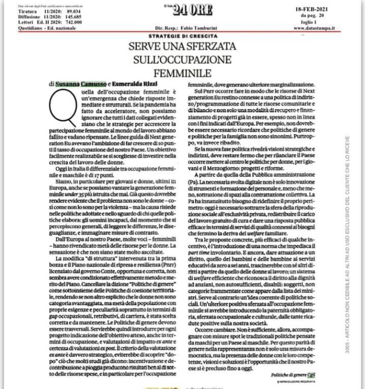 ilaliebe's tweet photo. Analisi e proposte da leggere su #NextGenerationEU e #occupazionefemminile. @SusannaCamusso e @esmeraldarizzi @DonneCgil oggi su @sole24ore https://t.co/yvMCv2Vuvb