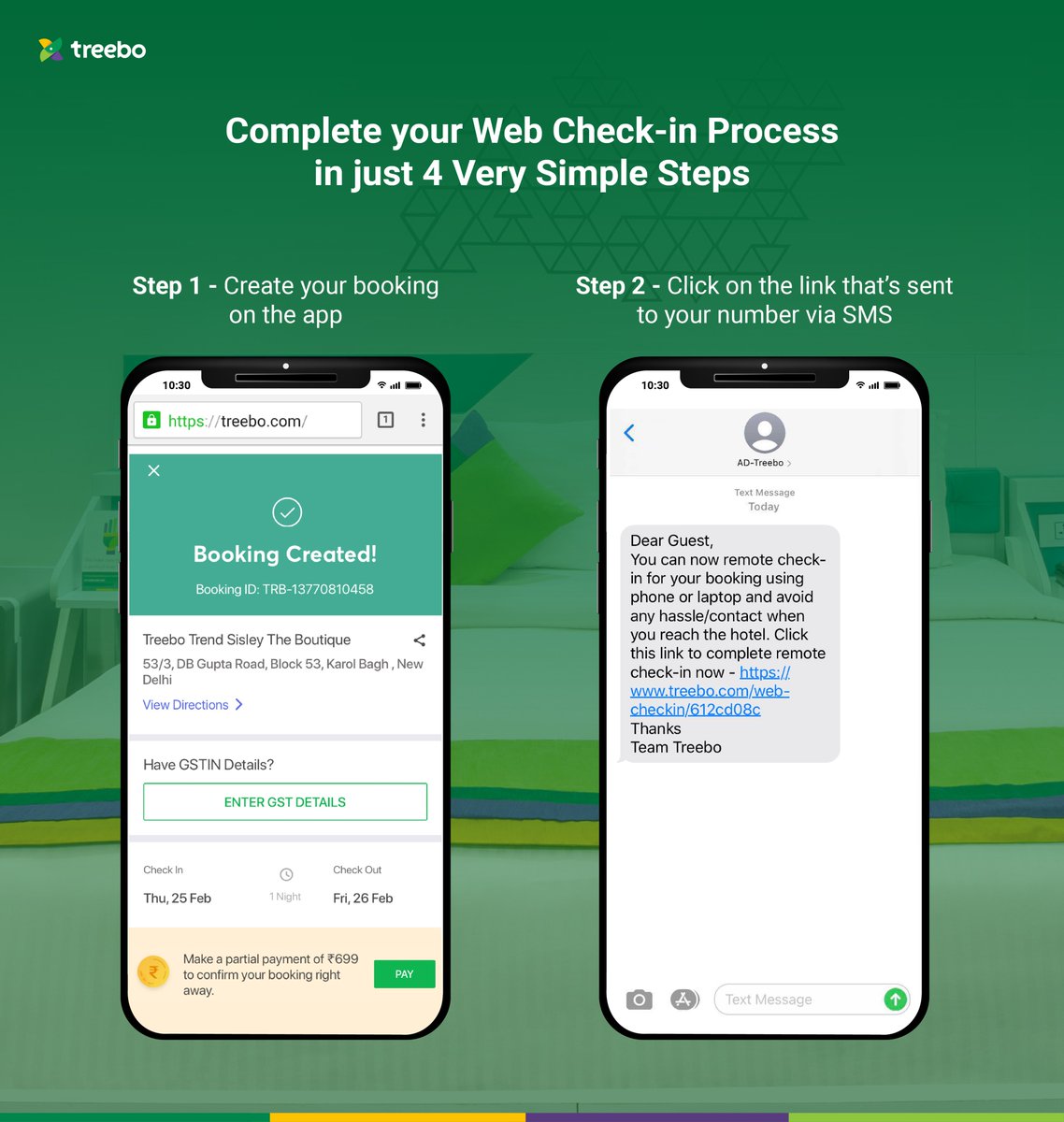 TreeboClub's tweet photo. Now complete your check-in process safely from anywhere using Treebo's "Web Check-in Feature". On reaching the hotel, show the ID proof uploaded during web check-in, collect your keys & head to your room for a relaxed stay.
#treebohotels #CheckinSafely #SafeStays #contactless https://t.co/JgcfitRhSl
