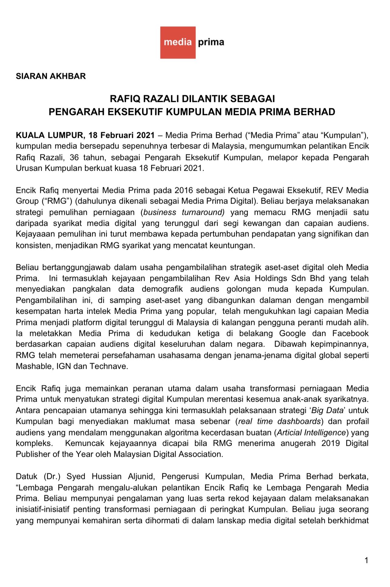 Mas Zharif Zhafri On Twitter Media Prima Berhad Mengumumkan Perlantikan Rafiq Razali Sebagai Pengarah Eksekutif Kumpulan Berkuatkuasa Hari Ini Beliau Mempunyai Pengalaman Luas Serta Rekod Kejayaan Dalam Melaksanakan Inisiatif Inisiatif Penting