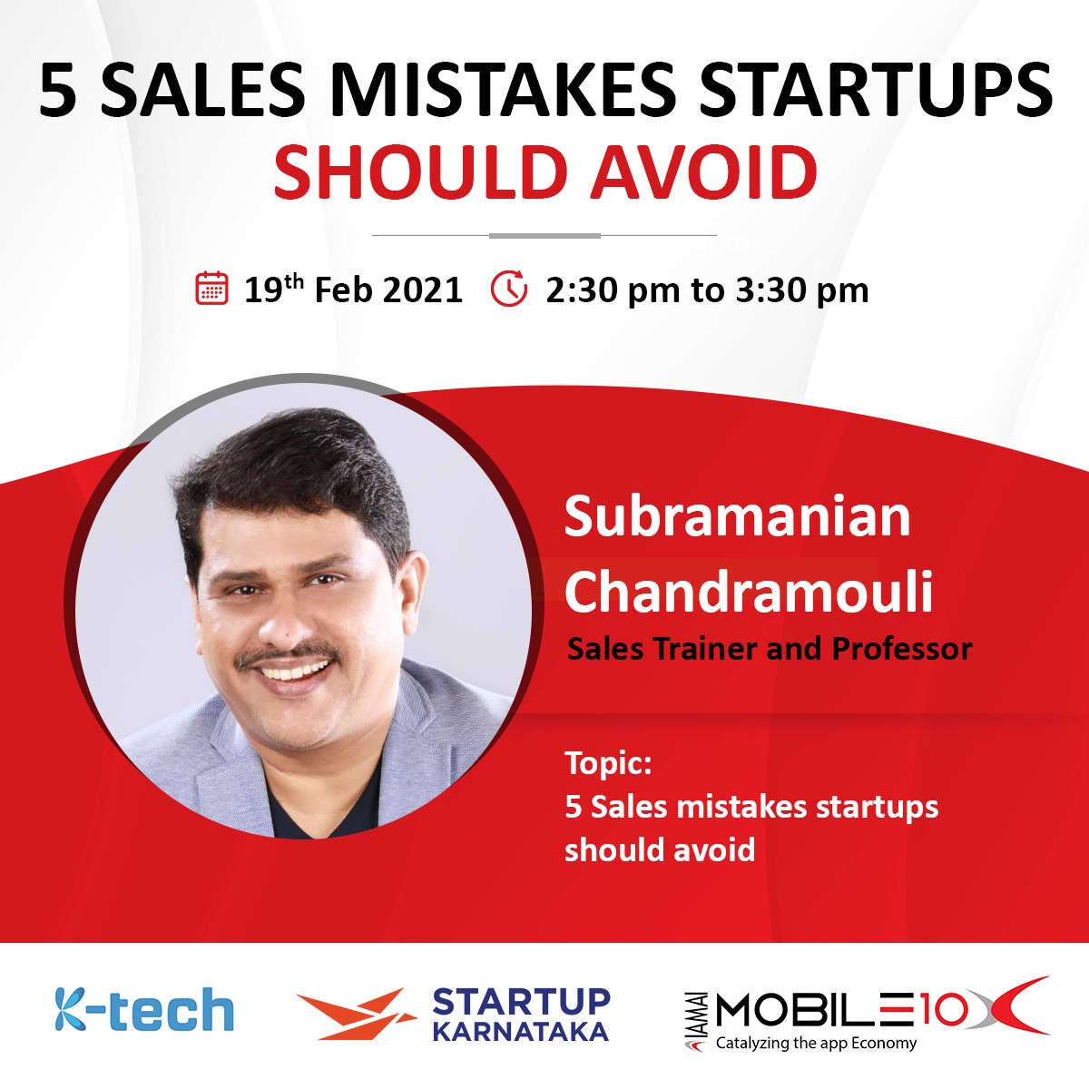 Success is all about navigating potential pitfalls.
Join us for the interesting conversation on the mistakes to avoid in a startup journey.

Date: 19th February 2021
Time: 2:30 pm to 3:30 pm
Register Here: airmeet.com/e/79368cf0-704…

Know your Speaker : 
<a href="/subramaniancm/">Subramanian Chandramouli</a>